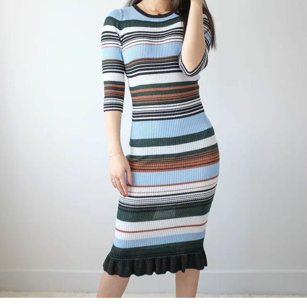 Pinko Striped Knit Midi Dress | Size S | Ribbed Bodycon Fit | Ruffle Hem